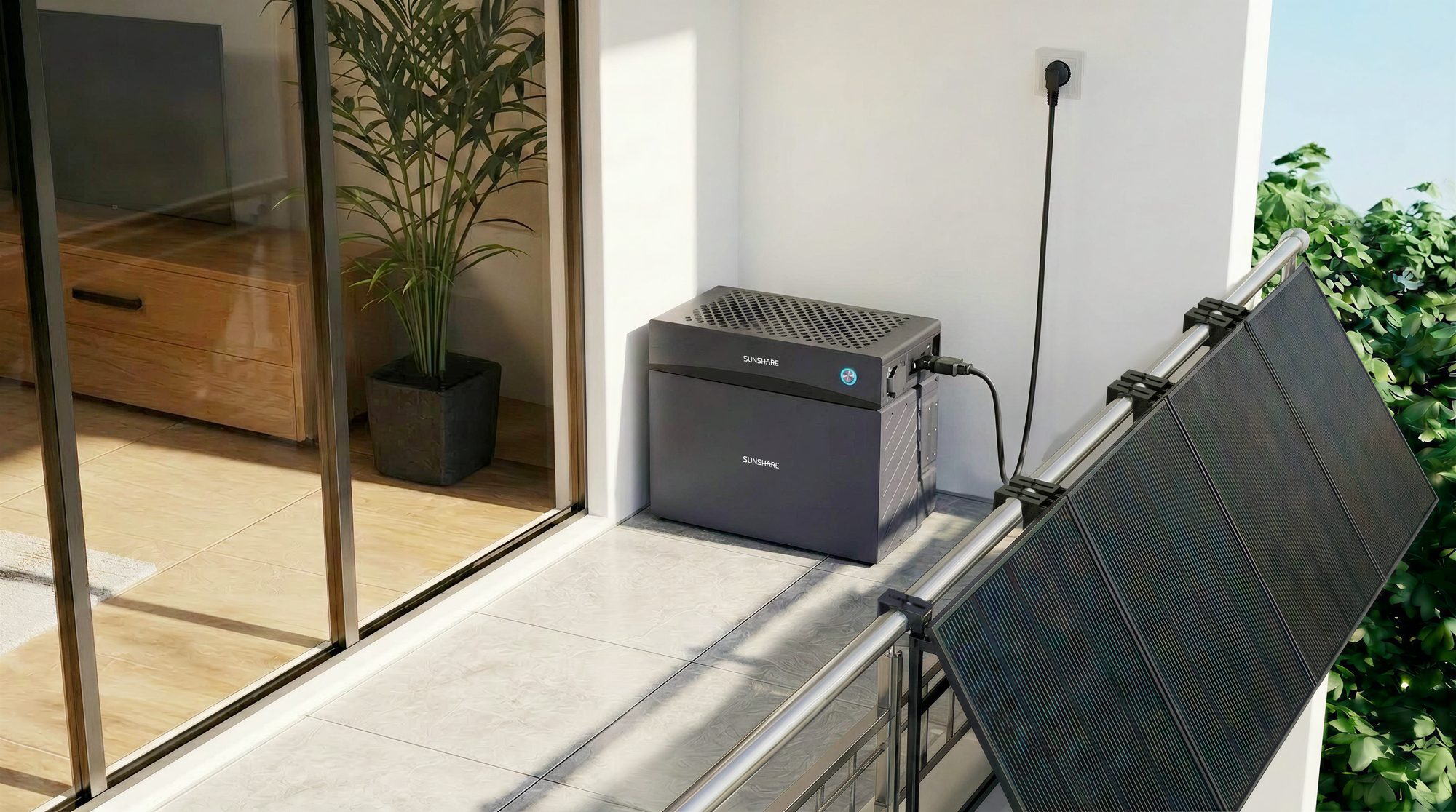 Sunshare Glory Hybrid-Wechselrichter mit Speicher für Balkonkraftwerke, angeschlossen an ein Solarmodul am Balkongeländer.