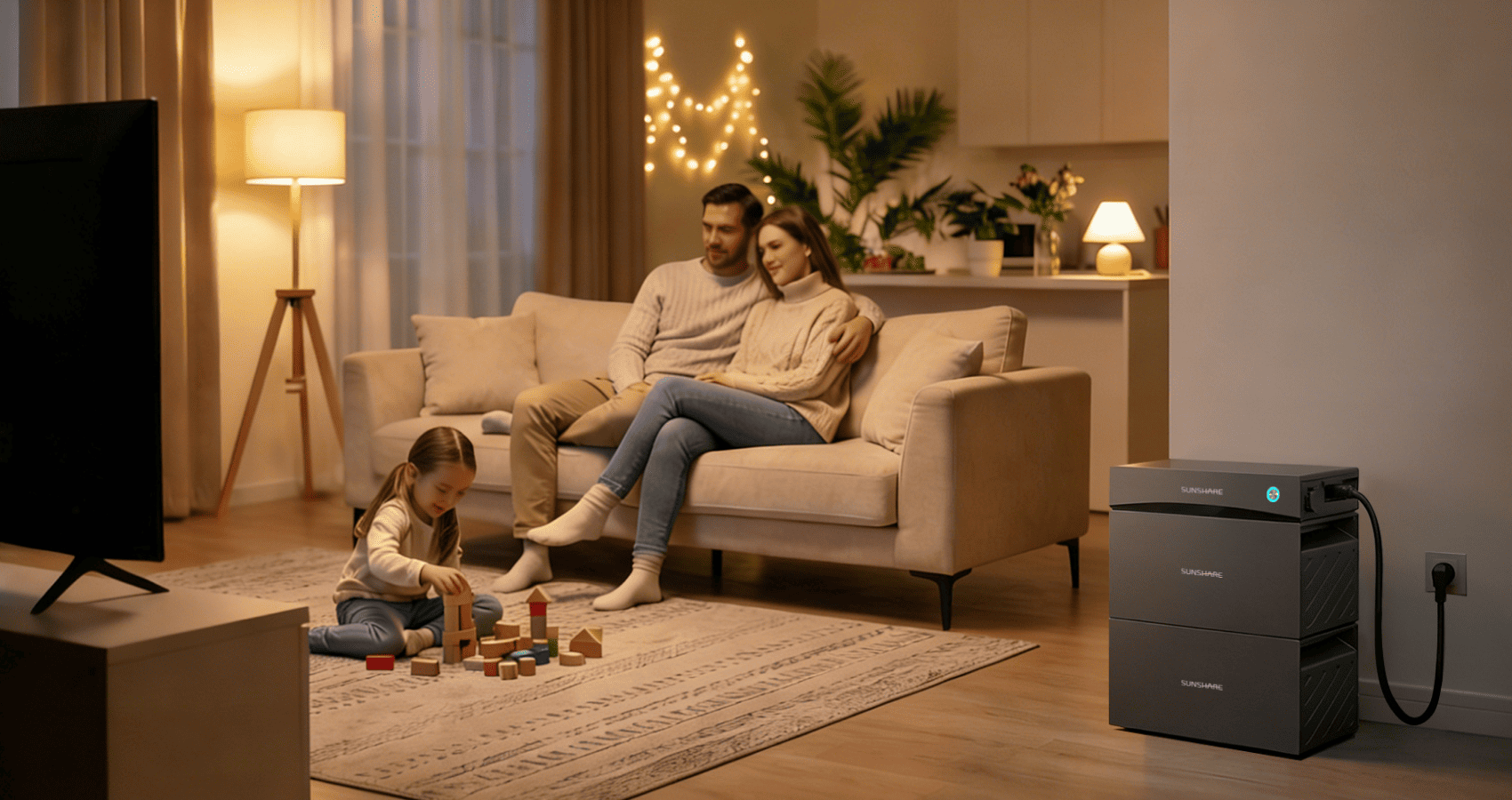 Gemütliches Wohnzimmer mit einer Familie auf dem Sofa und einem Sunshare Glory Speicher für Strom im Vordergrund.