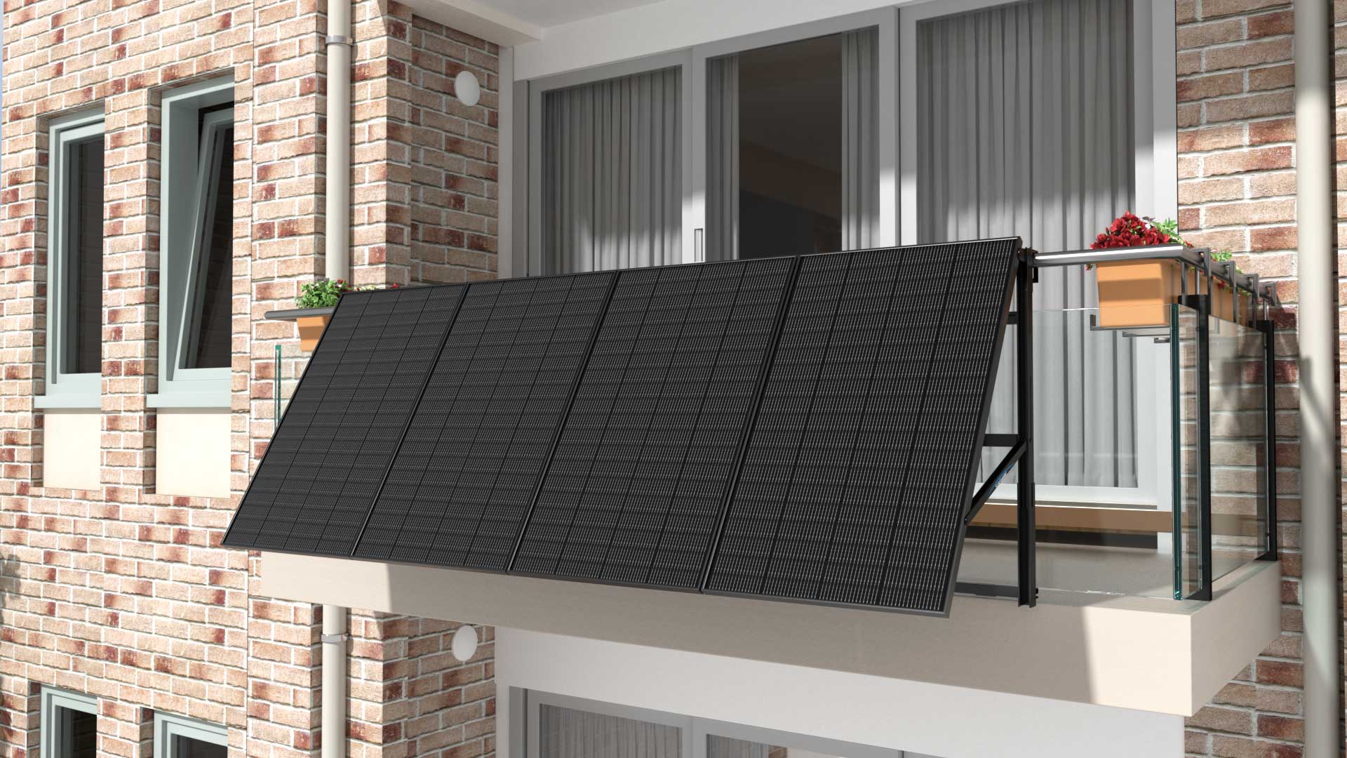 Modernes Sunshare Ray Balkonkraftwerk lochfrei an einem eleganten Glasbalkon montiert zur sicheren Stromerzeugung